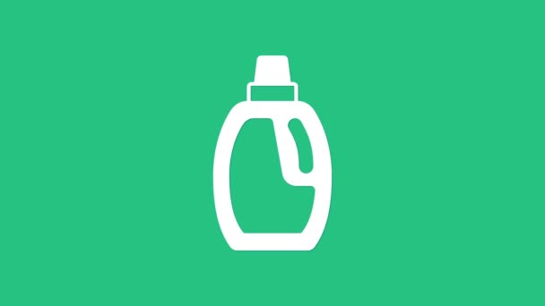 White Plastic bottle for laundry detergent, bleach, dishwashing liquid or another cleaning agent icon isolated on green background. 4K Video motion graphic animation — Stock Video