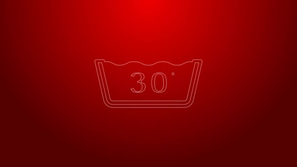 Línea verde Lavado bajo 30 grados Celsius icono aislado sobre fondo rojo. Lavado de temperatura. Animación gráfica de vídeo 4K — Vídeos de Stock