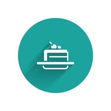 Beyaz Kek simgesi uzun gölgeli izole edilmiş. Doğum günün kutlu olsun. Yeşil daire düğmesi. Vektör.