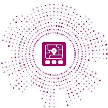 Beyaz arkaplanda harita simgesine sahip mor GPS aygıtı. Soyut çember rastgele noktalar. Vektör.