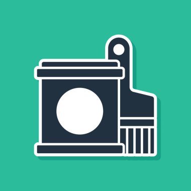 Yeşil arka planda mavi boya kovası ve fırça simgesi var. Vektör.