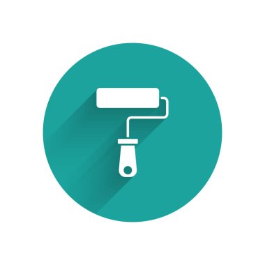 Beyaz boya fırça ikonu uzun gölgeli izole edilmiş. Yeşil daire düğmesi. Vektör.