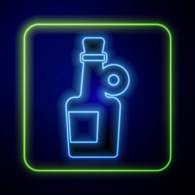 Parlayan neon alkol içeceği mavi arka planda izole edilmiş rom şişesi ikonu. Vektör