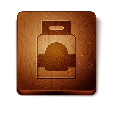 Beyaz arka planda izole edilmiş otomatik çamaşır makinesi simgesi için kahverengi deterjan. Tahta kare düğme. Vektör