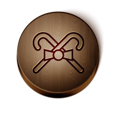 Beyaz arka planda izole edilmiş çizgili kahverengi çizgili Noel şekerleme çubuğu. Mutlu Noeller ve mutlu yıllar. Tahta daire düğmesi. Vektör.