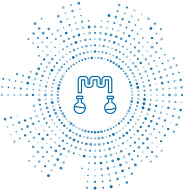 Mavi çizgi test tüpü ve matarası. Beyaz arka planda izole edilmiş kimyasal laboratuvar ikonu. Sıvı transfer sistemi. Laboratuvar cam levhası. Soyut çember rastgele noktalar. Vektör.