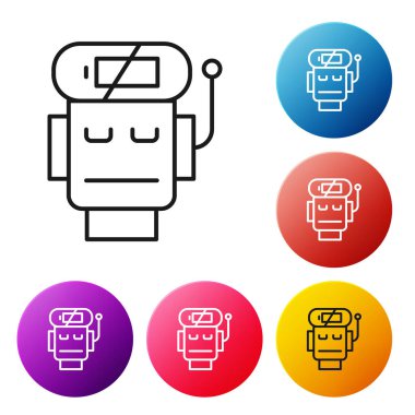 Siyah çizgi Robot düşük akü şarj ikonu beyaz arkaplanda izole edildi. Yapay zeka, makine öğrenme, bulut hesaplama. Renkli daire düğmelerini ayarlayın. Vektör.