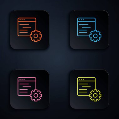 Renkli neon hattı Bilgisayar api arayüzü simgesi siyah arkaplanda izole edildi. Uygulama programlama arayüzü API teknolojisi. Yazılım entegrasyonu Kare düğmelere simgeleri yerleştir. Vektör.