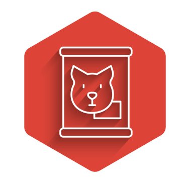 Beyaz çizgi konserve yiyecek ikonu uzun gölge arkaplan izole. Hayvanlar için yiyecek. Evcil hayvan yiyeceği kutusu. Köpek kemiği işareti. Kırmızı altıgen düğmesi. Vektör