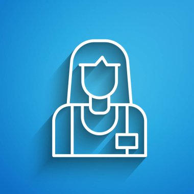 Beyaz çizgi satıcı simgesi mavi arkaplanda izole edildi. Uzun gölge. Vektör