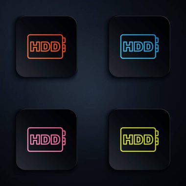 Renkli neon çizgisi sabit disk sürücüsü HDD simgesi siyah arkaplanda izole edildi. Kare düğmelere simgeleri yerleştir. Vektör