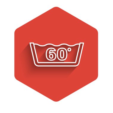 60 santigrat derecenin altında yıkanan beyaz çizgi uzun gölgeli arka plan izole edilmiş. Sıcaklık temizleme, kırmızı altıgen düğmesi. Vektör