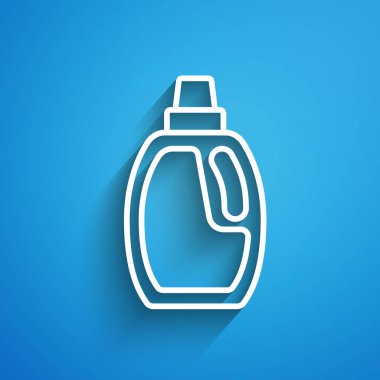 Beyaz çizgi plastik şişe çamaşır deterjanı, çamaşır suyu, bulaşık deterjanı ya da mavi arka planda izole edilmiş başka bir temizlik maddesi. Uzun gölge. Vektör