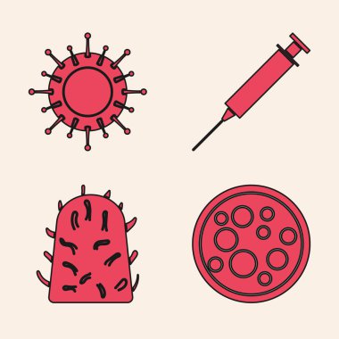Virüsü, virüsü, şırıngayı ve kuduz virüsü ikonunu hazırla. Vektör.