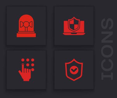 Kalkanı işaretli, sirenli, dizüstü bilgisayar korumalı kalkan ve parola koruma simgesiyle ayarla. Vektör