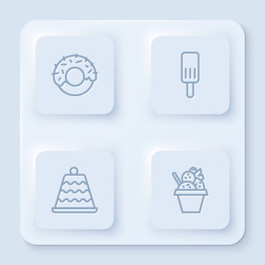 Donut, dondurma, kek ve kase. Beyaz kare düğme. Vektör.