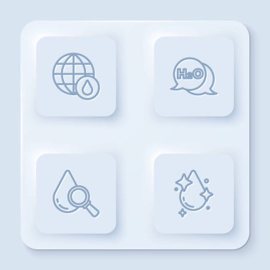 Dünya gezegenini su damlasına, H2O, Düşür ve Büyüteç ve Su için Kimyasal formüle ayarlayın. Beyaz kare düğme. Vektör