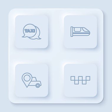 Taksi durağı, telefon servisi, hızlı tren, taksi ve araba tavanı olan yer. Beyaz kare düğme. Vektör