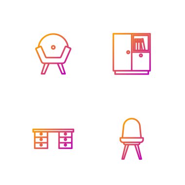 Sıralı sandalye, ofis masası, Kol Sandalyesi ve Gardırop. Renk simgeleri. Vektör