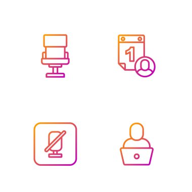 Freelancer, Dilsiz mikrofon, ofis koltuğu ve zaman yönetimi. Renk simgeleri. Vektör