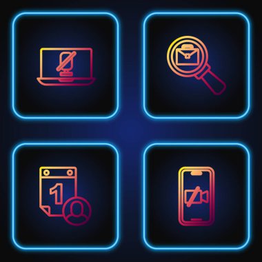 Kamerayı cep telefonuna, zaman yönetimine, sessiz mikrofon bilgisayarına ve evrak çantalı büyüteçlere ayarla. Renk simgeleri. Vektör