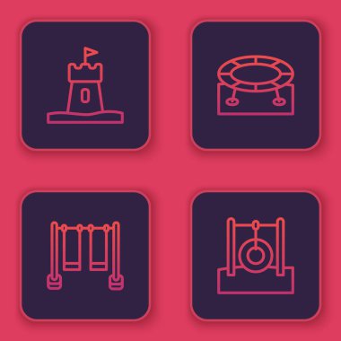 Hat, kum kulesi, çift salıncak trambolin ve ip üzerinde asılı araba lastiği. Mavi kare düğme. Vektör