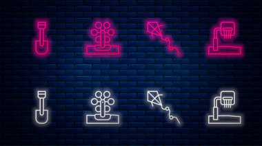 Dönme dolap, uçurtma, kürek oyuncağı ve basketbol sedyesi. Tuğla duvarda parlayan neon simgesi. Vektör