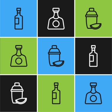 Şarap şişesi, limonlu kokteyl ve tekila ikonu. Vektör