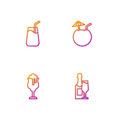 Şampanya şişesi ve bardak, bir bardak bira, kokteyl ve hindistan cevizi kokteyli. Renk simgeleri. Vektör