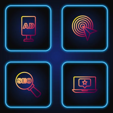 Dizüstü bilgisayarı yıldız, SEO optimizasyonu, Reklamcılık ve Hedefle ayarla. Renk simgeleri. Vektör