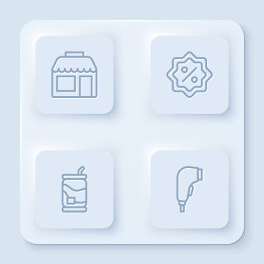 Satır marketi, indirimli yüzde etiketi, soda kutusu ve tarayıcı barkod taraması ayarla. Beyaz kare düğme. Vektör