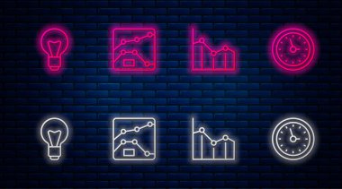 Çizgiyi, grafiği, diyagramı, pasta bilgisini, ampulü ve saati ayarla. Tuğla duvarda parlayan neon simgesi. Vektör