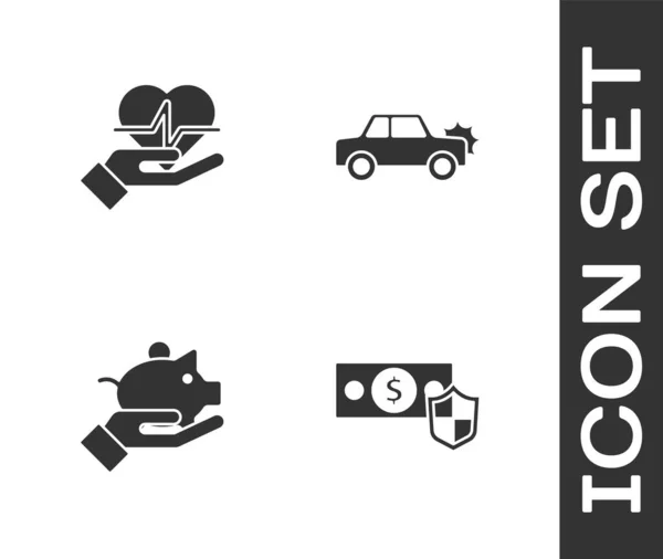 Покладіть Гроші Щитом Страхування Життя Руці Піггі Банку Автомобільної Ікони — стоковий вектор