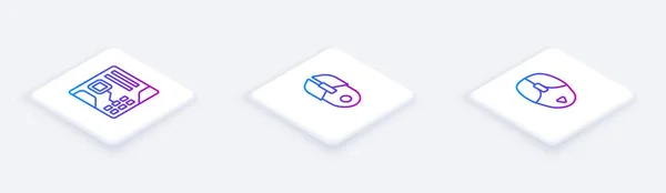 アイソメトリックラインマザーボードのデジタルチップ コンピュータマウスと設定します 白い四角形のボタン ベクトル — ストックベクタ