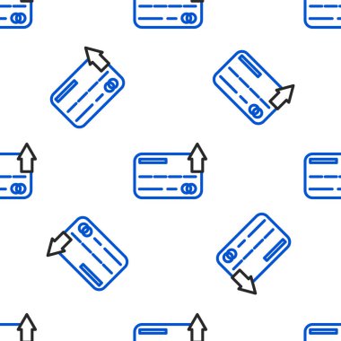 Çizgi kredi kartı simgesi beyaz arkaplanda kusursuz desen izole etti. Çevrimiçi ödeme. Nakit çekilmesi. Finansal operasyonlar. Alışveriş tabelası. Renkli taslak konsepti. Vektör
