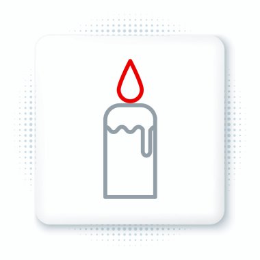 Beyaz arkaplanda izole edilmiş şamdan simgesinde çizgi yakma mumu. Silindirik mum çubuğu ve yanan ateş. Renkli taslak konsepti. Vektör