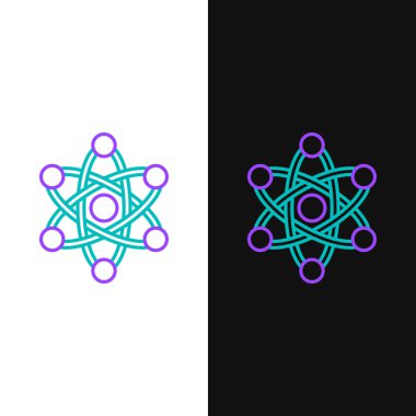 Çizgi Atom simgesi beyaz ve siyah arkaplanda izole edildi. Bilimin, eğitimin, nükleer fiziğin, bilimsel araştırmaların sembolü. Renkli taslak konsepti. Vektör