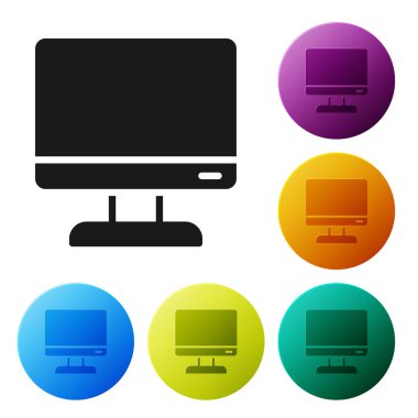 Siyah Bilgisayar ekran simgesi beyaz arkaplanda izole edildi. Elektronik cihaz. Ön manzara. Simgeleri renk daire düğmelerine ayarla. Vektör İllüstrasyonu