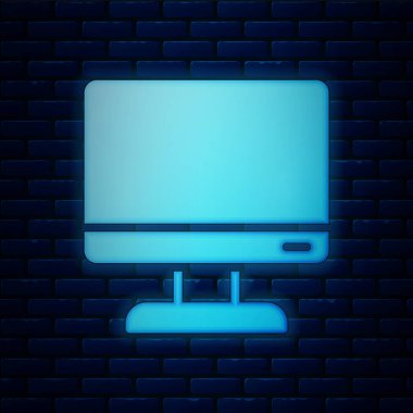 Parlayan neon bilgisayar ekran simgesi tuğla duvar arka planında izole edildi. Elektronik cihaz. Ön manzara. Vektör İllüstrasyonu