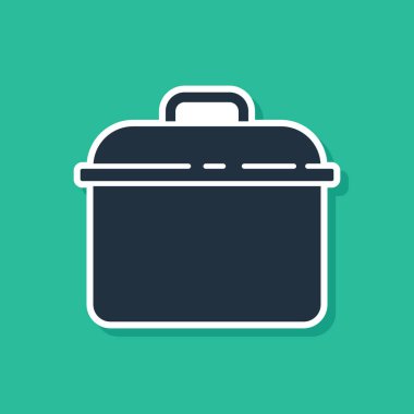 Yeşil arka planda mavi tencere simgesi izole edildi. Haşlama ya da güveç besin sembolü. Vektör