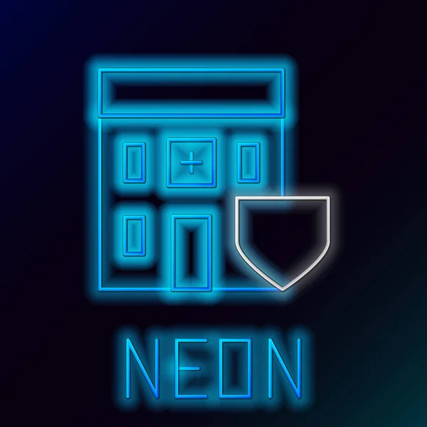 Gloeiende neon lijn Medisch ziekenhuis gebouw met schild pictogram geïsoleerd op zwarte achtergrond. Medische verzekering. Beveiliging, veiligheid, beschermingsconcept. Kleurrijk concept. Vector — Stockvector