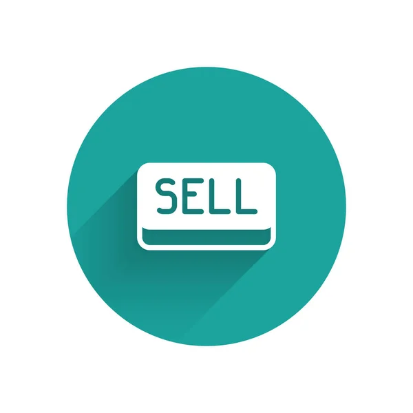 Icona bianca con bottone Sell isolato con lunga ombra. Concetto di mercato finanziario e azionario. Pulsante cerchio verde. Vettore — Vettoriale Stock