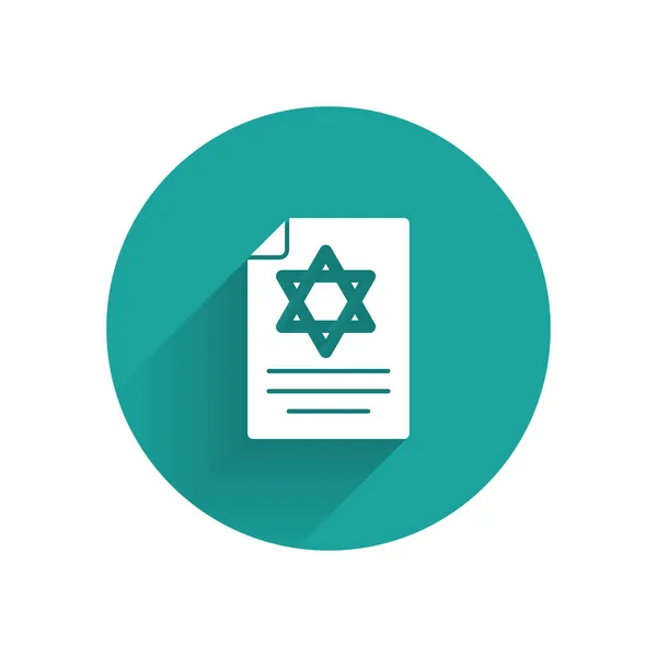 White Torah scroll icon isolated with long shadow. Jewish Torah in expanded form. Star of David symbol. Old parchment scroll. Green circle button. Vector — Stock Vector