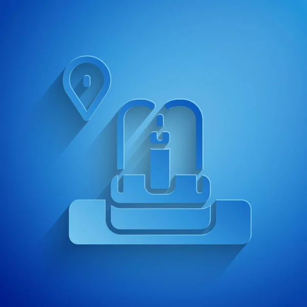 Corte de papel Localização com ícone de fonte isolado no fundo azul. Estilo de arte de papel. Vetor — Vetor de Stock