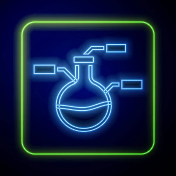 Tubo de ensayo de neón brillante e icono de prueba de laboratorio químico del frasco aislado sobre fondo azul. Signo de cristalería del laboratorio. Vector — Archivo Imágenes Vectoriales