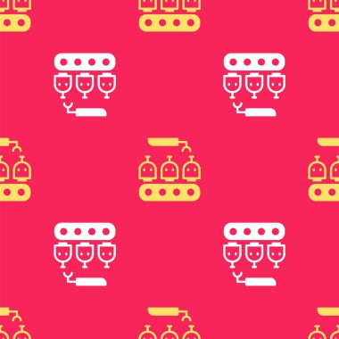 Sarı Robotik Kol montaj hattı mekanik üretim fabrikası robot operatör üretim ikonu kırmızı arka planda izole edilmiş pürüzsüz desen. Vektör