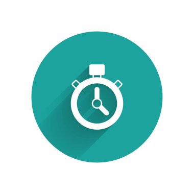 Beyaz Kronometre simgesi uzun gölgeli izole edildi. Zaman göstergesi. Kronometre işareti. Yeşil daire düğmesi. Vektör