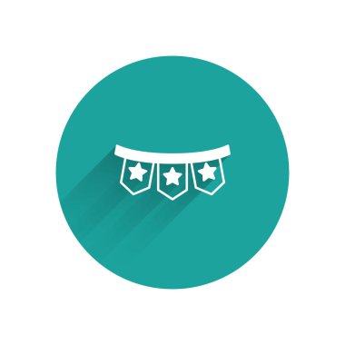 Beyaz Karnaval çelengi, uzun gölge arkaplan izole edilmiş bayrak simgesi. Doğum günü kutlaması için parti flamaları, festival dekorasyonu. Yeşil daire düğmesi. Vektör