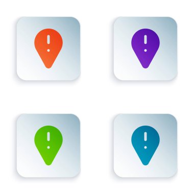 Beyaz arkaplanda izole edilmiş ünlem işareti simgesine sahip renk haritası işaretleyici. Tehlike uyarısı, dikkat, dikkat, tehlike uyarısı önemli bir işaret. Kare düğmelere renkli simgeleri yerleştir. Vektör