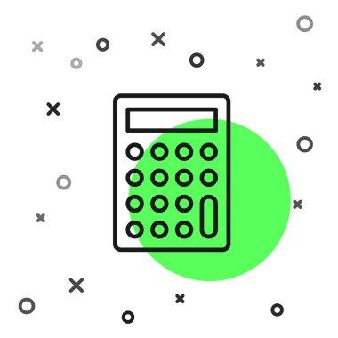 Siyah çizgi hesap makinesi simgesi beyaz arkaplanda izole edildi. Muhasebe sembolü. İş hesaplamaları matematik eğitimi ve finans. Vektör